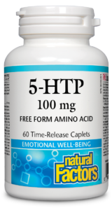 A bottle of Natural Factors 5HTP 100 mg, 60 Time-Release Caplets, with a label indicating it is a free form amino acid for emotional well-being.