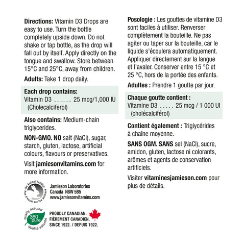 Jamieson Vitamin D3 Drops 11.4 ml  ingredients