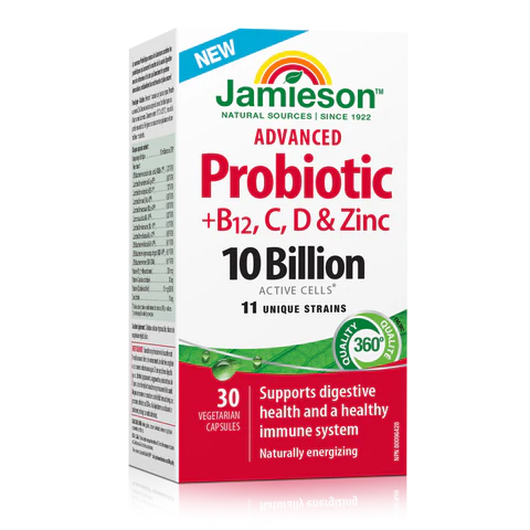 Box of Jamieson Advanced Probiotic + B12, C, D & Zinc on a white background Natural Vitamin Direct Inc natvd.com Canada
