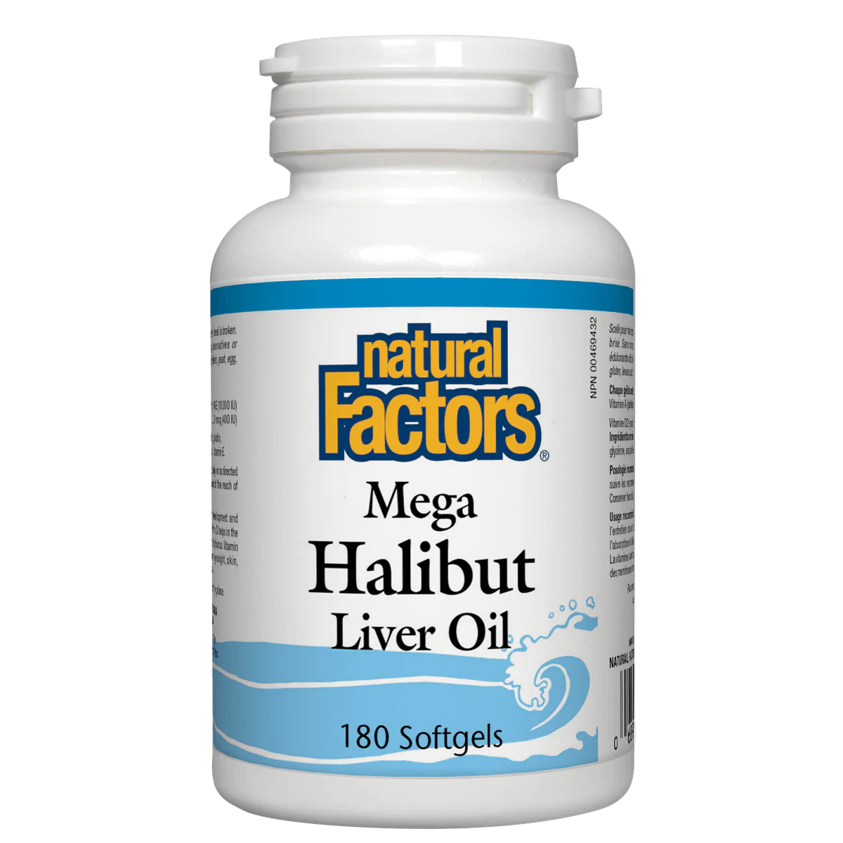 Bottle of Natural Factors Mega Halibut Liver Oil on a white background available online at natvd.com

