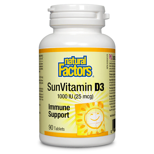 Bottle of Natural Factors SunVitamin D3 on a white background natvd.com sale
