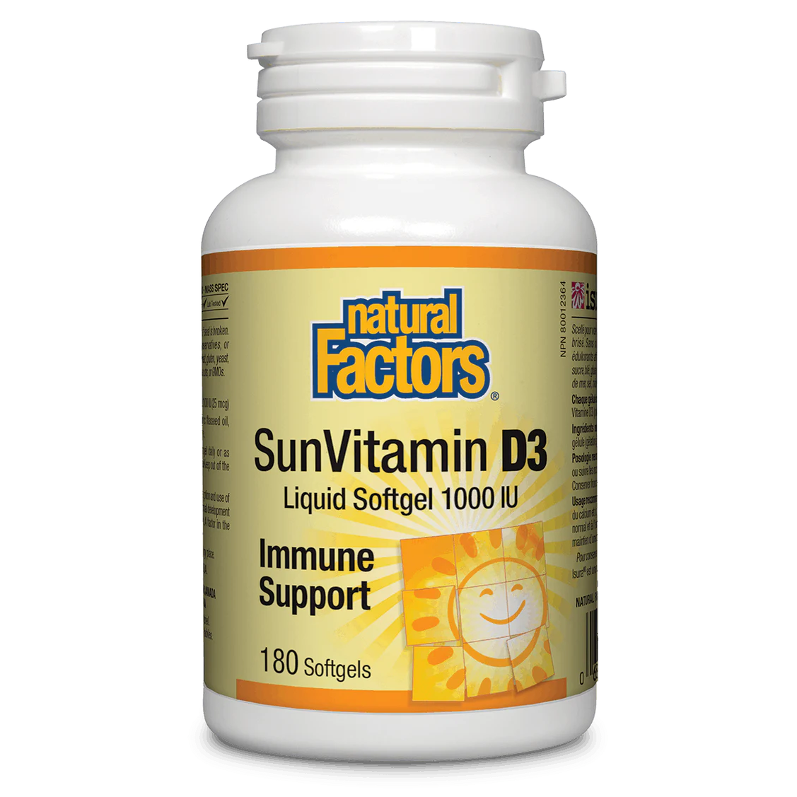 Natural Factors SunVitamin D3 supplement bottle on a white  background natvd.com 
