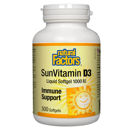 Bottle of Natural Factors SunVitamin D3 on a white background sold by natural vitamin direct canada