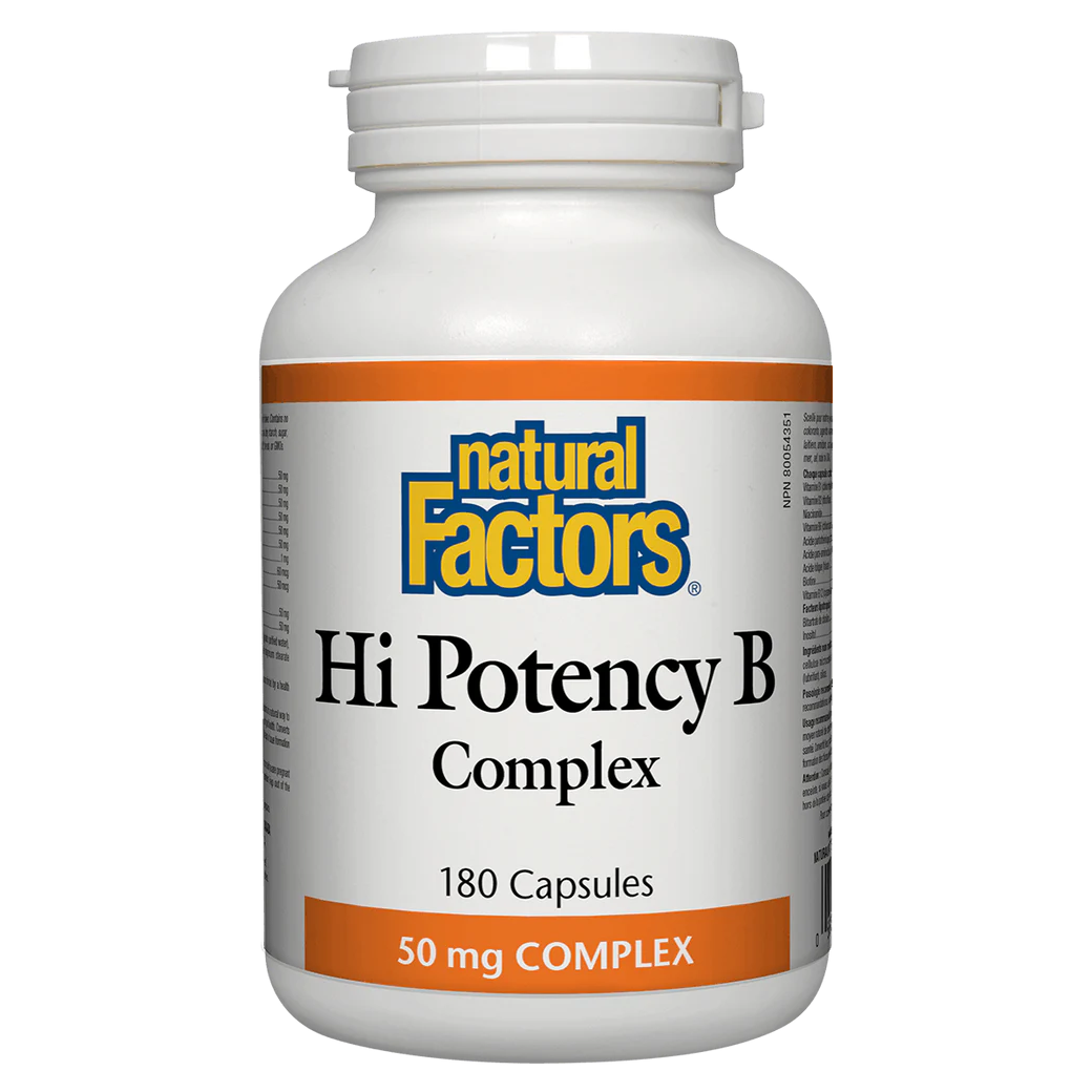 Bottle of Natural Factors Hi Potency B Complex on a white background natural vitamin direct inc canada