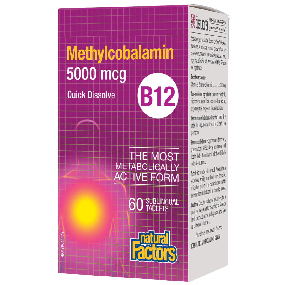 Box of Methylcobalamin B12 supplement with purple and white design sold online at natvd.com Canada Natural Factors