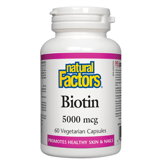 Bottle of Natural Factors Biotin supplement on a white background