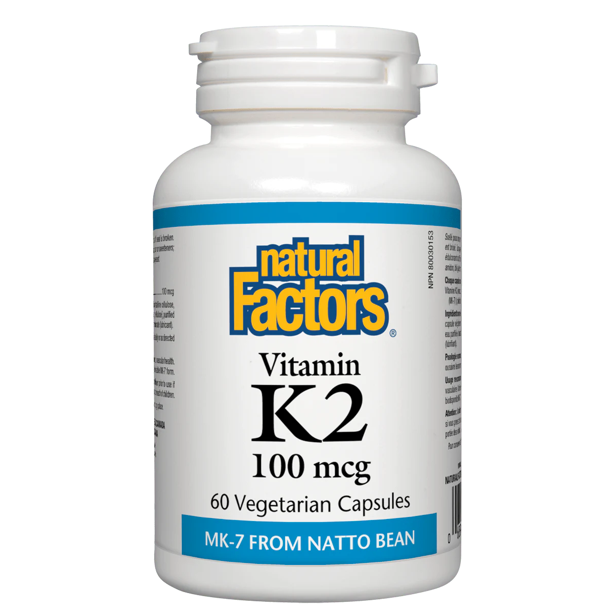 Bottle of Natural Factors Vitamin K2 capsules on a white background sold by natvd.com Natural Vitamin Direct Inc Canada