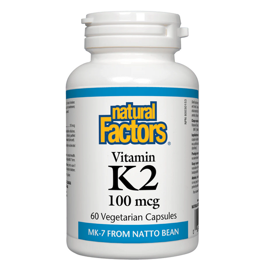 Bottle of Natural Factors Vitamin K2 capsules on a white background sold by natvd.com Natural Vitamin Direct Inc Canada