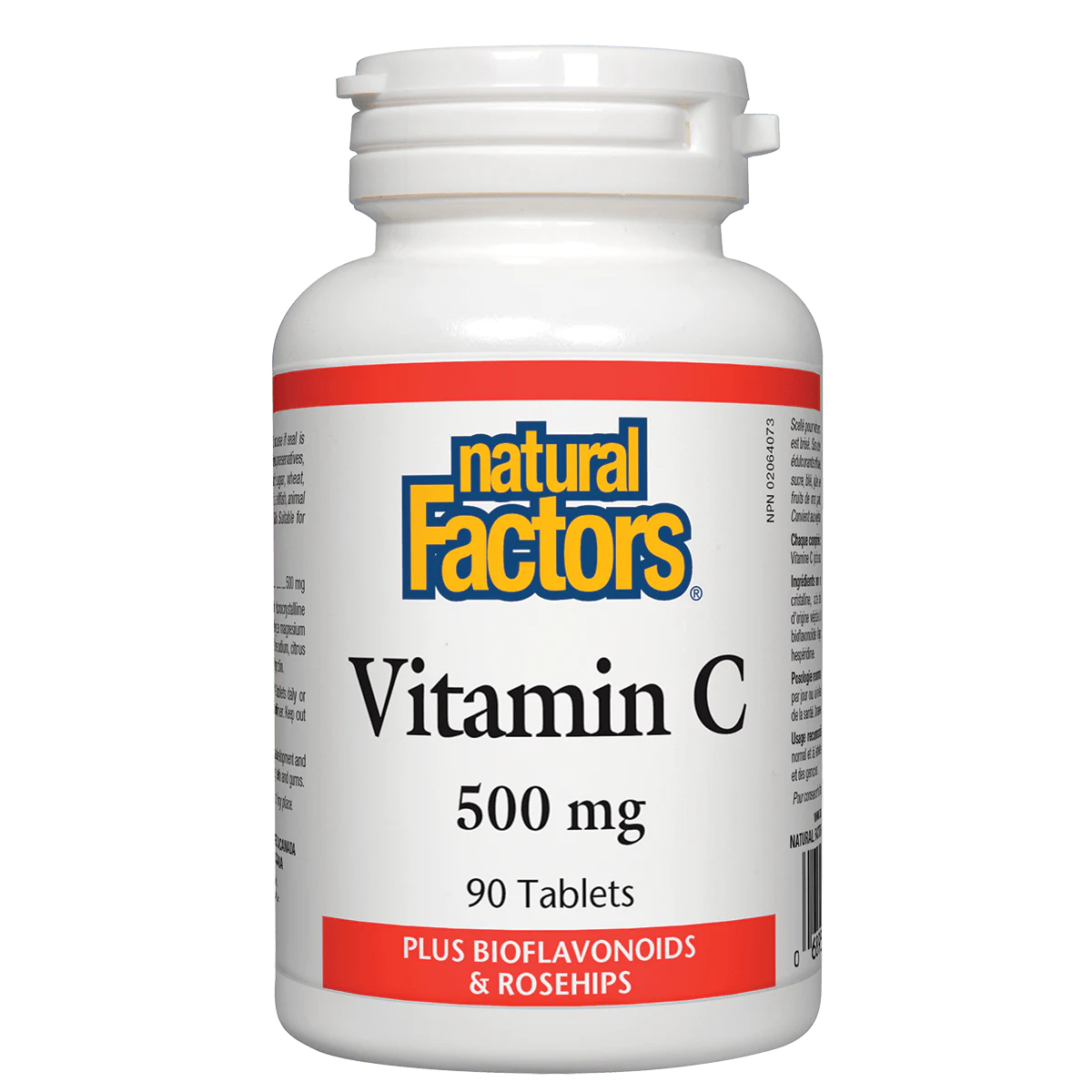 Bottle of Natural Factors Vitamin C 500 mg supplement on a white background natvd natural vitamin direct 