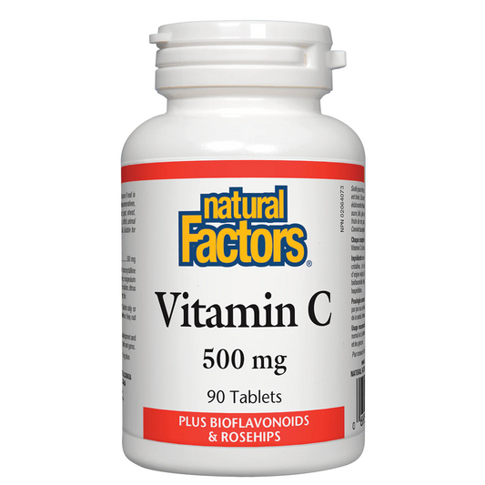 Bottle of Natural Factors Vitamin C 500 mg supplement on a white background natvd natural vitamin direct 
