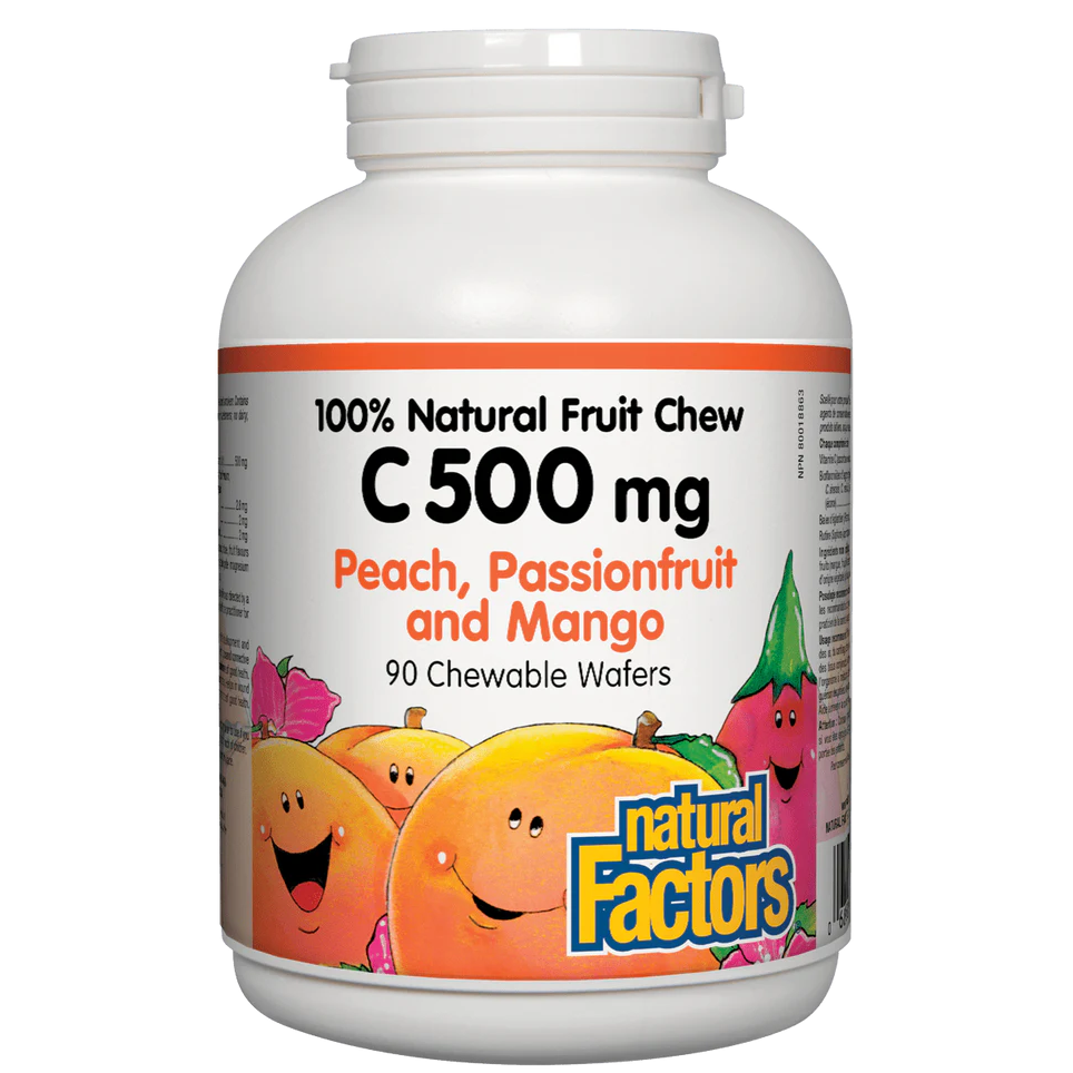 Vitamin C supplement bottle with colorful label featuring fruit characters on a white background natvd.com Natural Vitamin Direct Inc