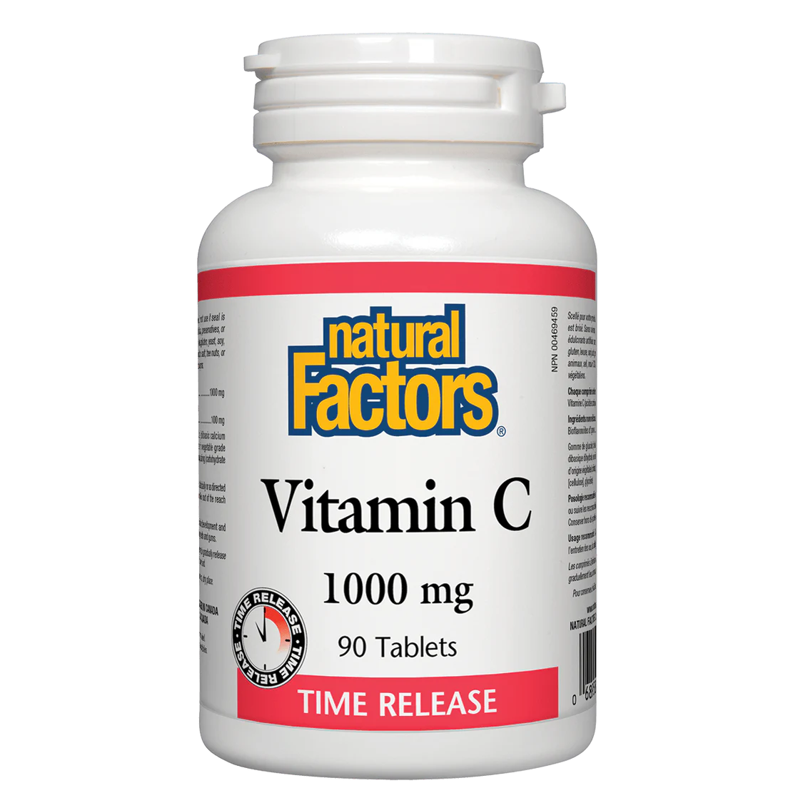 Bottle of Natural Factors Vitamin C 1000 mg time-release tablets on a white background sold by natvd.com Natural Vitamin Direct Inc