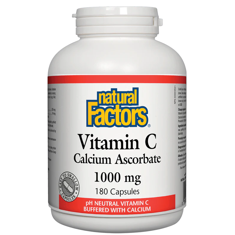 Bottle of Natural Factors Vitamin C Calcium Ascorbate on a white background natvd.com Natural Vitamin Direct Inc