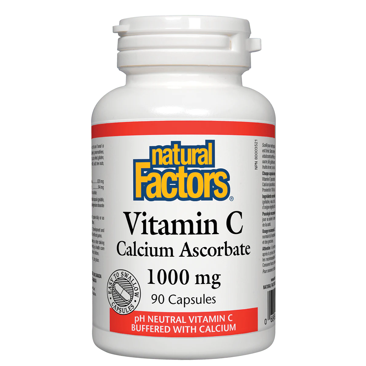 Bottle of Natural Factors Vitamin C Calcium Ascorbate on a white background available on natvd.com Natural Vitamin Direct Inc