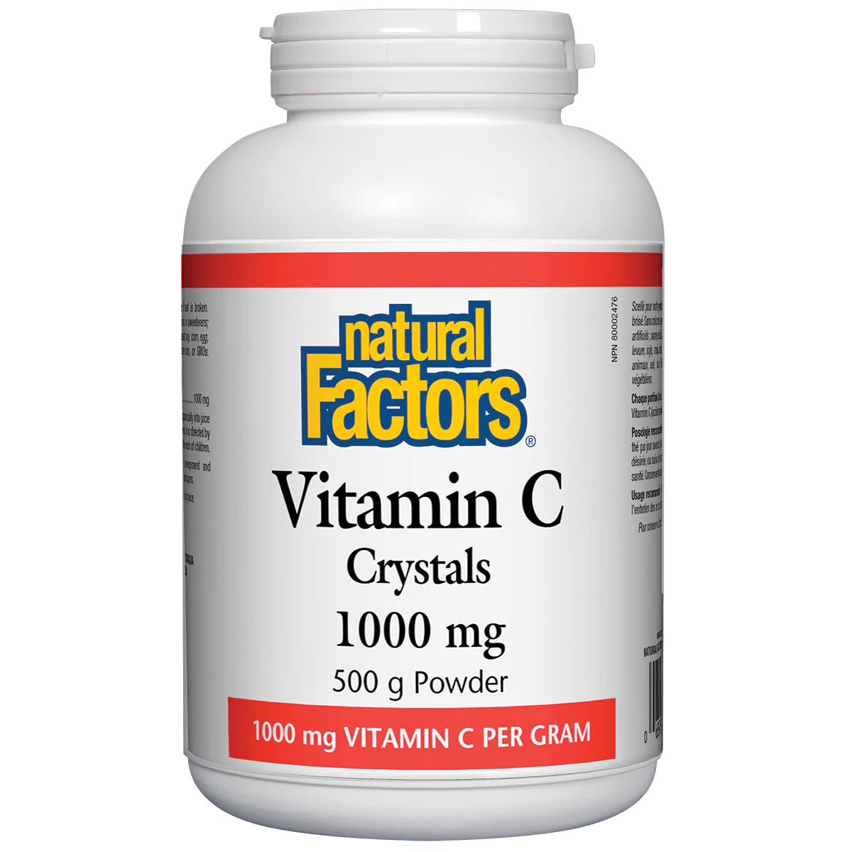 Bottle of Natural Factors Vitamin C Crystals 1000 mg on a white background natvd natural vitamin direct 