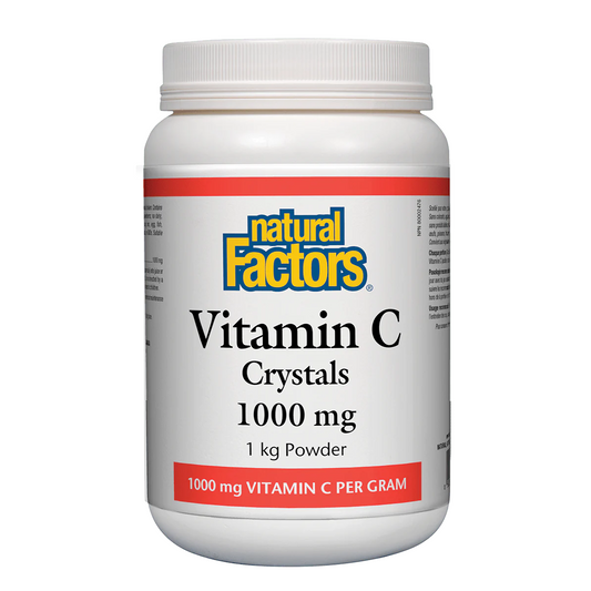 Vitamin C crystals container with 'Natural Factors' label on a white background natvd natural vitamin direct