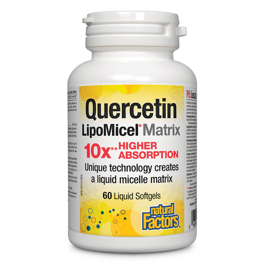 Quercetin supplement bottle with label on a white background