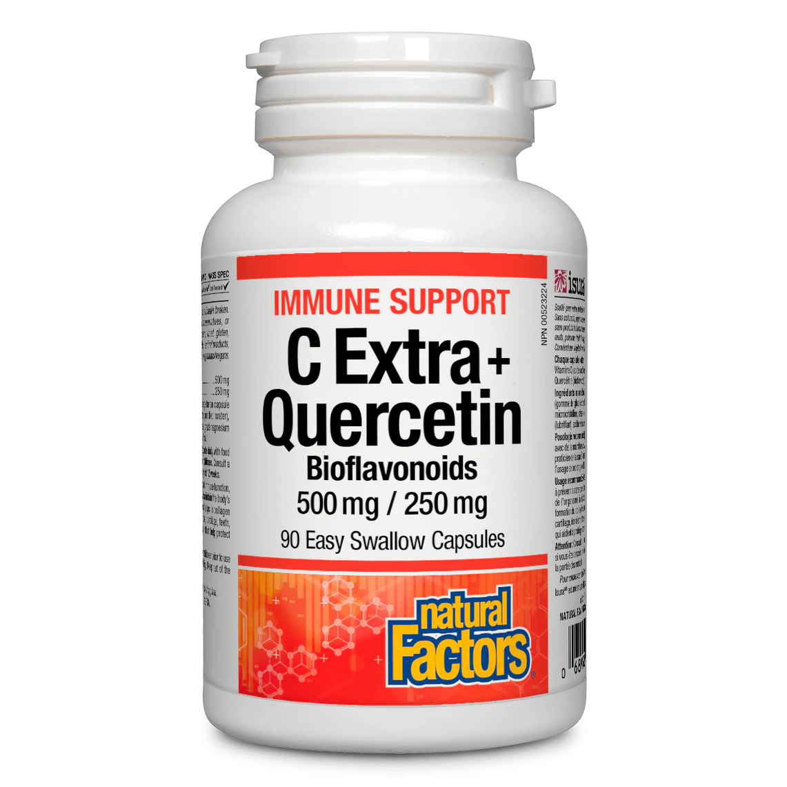 Supplement bottle labeled 'C Extra + Quercetin' by Natural Factors on a white background natvd.com

