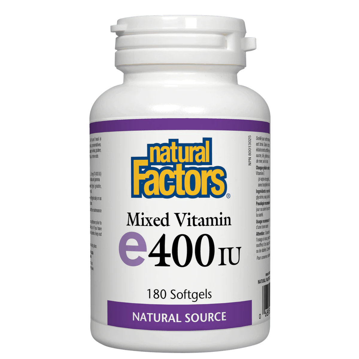 Bottle of Natural Factors Mixed Vitamin E 400 IU on a white background sold online by natd.com Natural Vitamin Direct Inc Canada since 1997