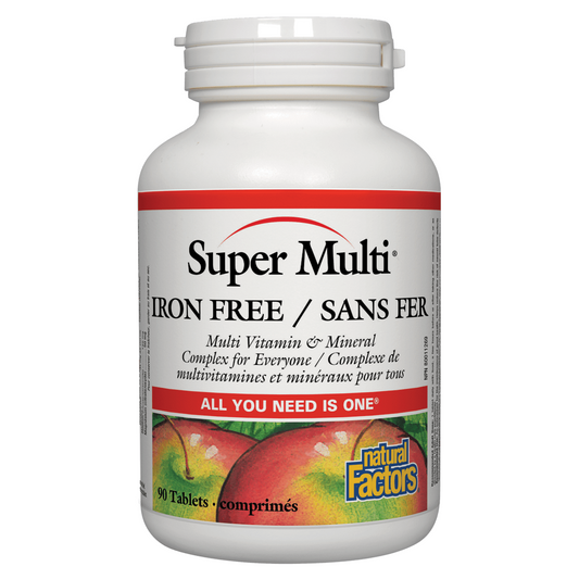 Super Multi Iron Free supplement bottle with Natural Factors branding on a white background