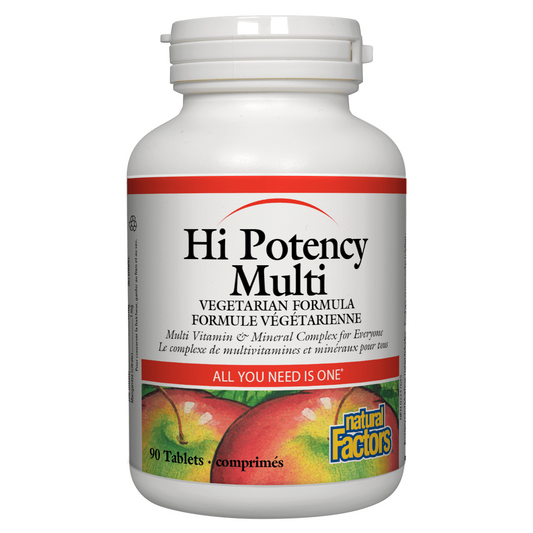 White supplement bottle labeled 'Hi Potency Multi' by Natural Factors on a white background Shop natvd.com