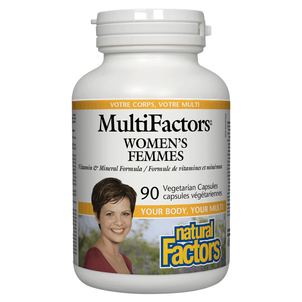 Multifactors Women's supplement bottle with a woman's face on the label against a white background natural vitamin direct Natasha