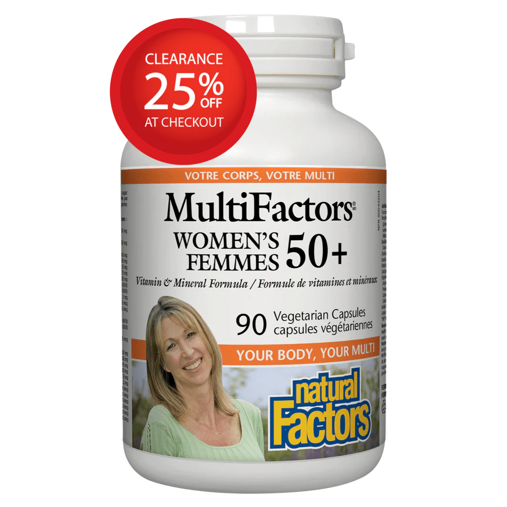Multifactors Women's 50+ supplement bottle with a clearance label on a white background Yvonne Olsen Factors Group