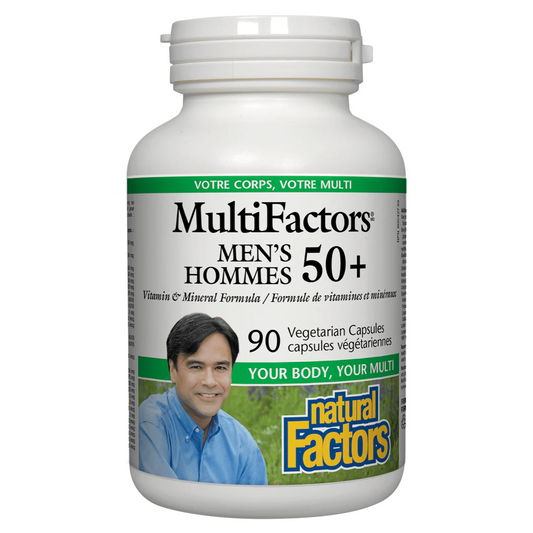 Multifactors supplement bottle for men over 50 by Natural Factors on a white background