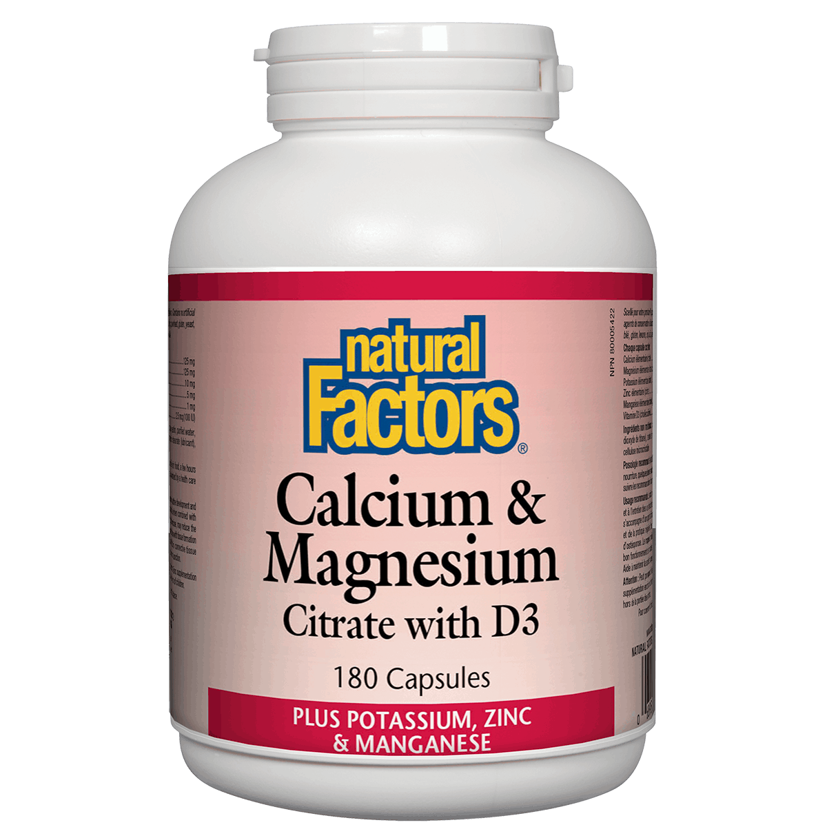 Bottle of Natural Factors Calcium & Magnesium Citrate with D3 supplement on a white background