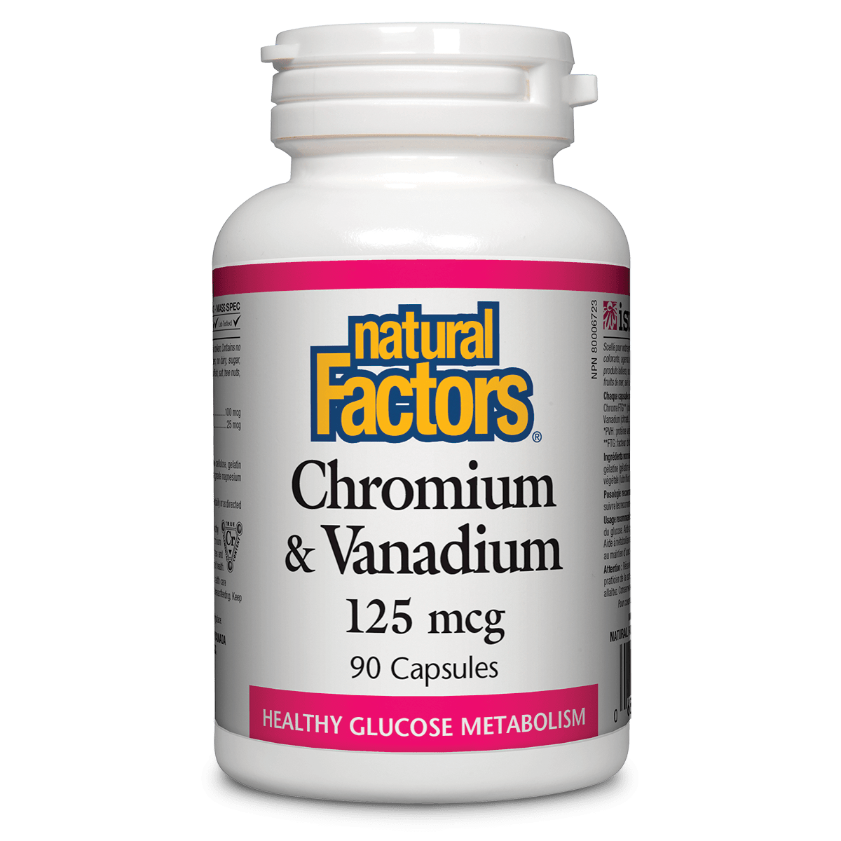 Bottle of Natural Factors Chromium & Vanadium supplement on a white background