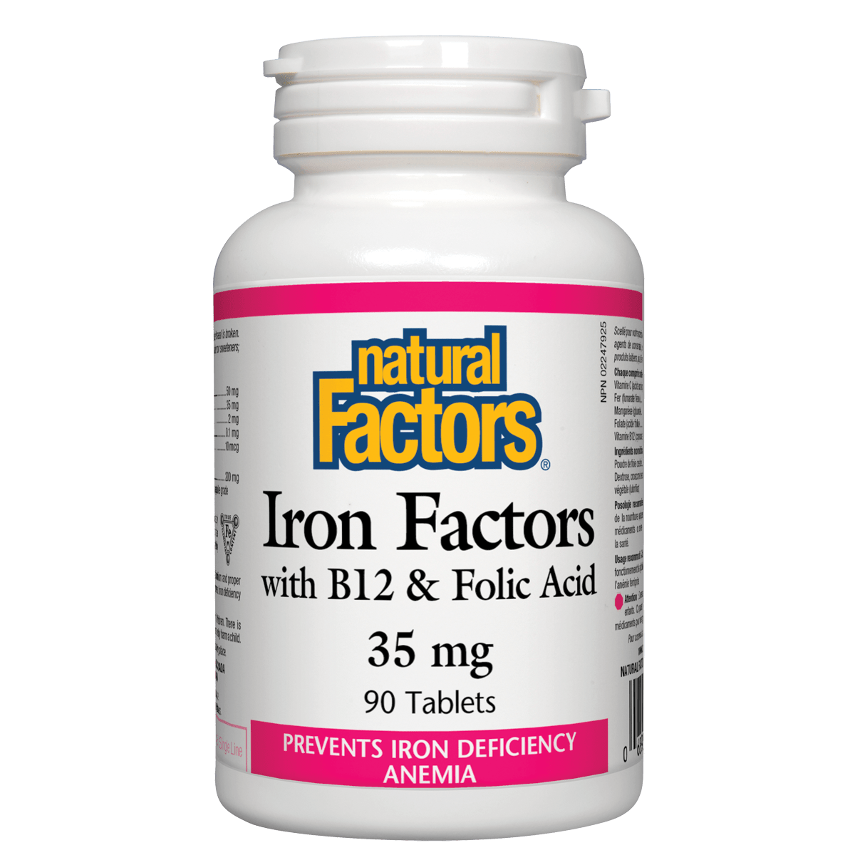 Bottle of Natural Factors Iron Factors with B12 & Folic Acid on a white background on sale Natural Vitamin Direct Inc. 