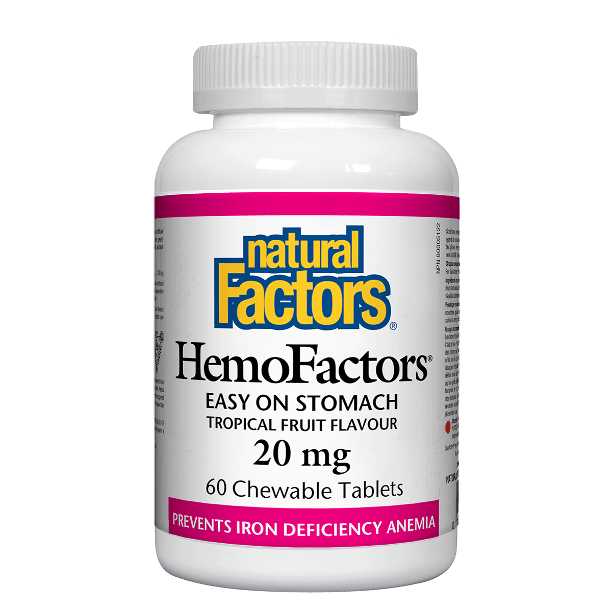 Bottle of Natural Factors HemoFactors supplement on a white background