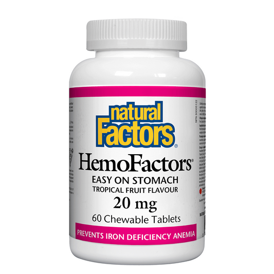 Bottle of Natural Factors HemoFactors supplement on a white background