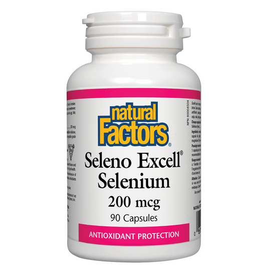 Bottle of Natural Factors Seleno Excell Selenium supplement on a white background