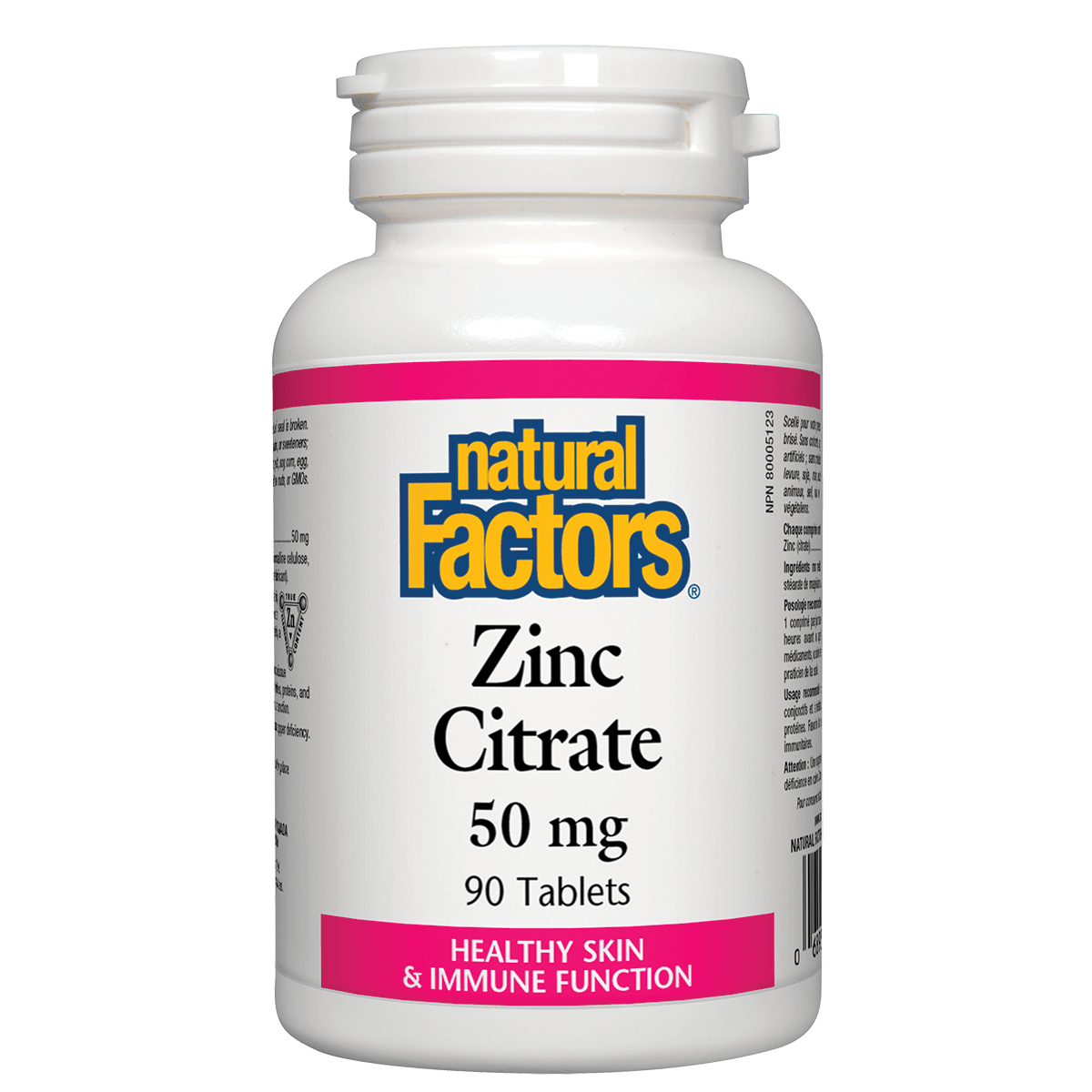 Bottle of Natural Factors Zinc Citrate 50 mg supplement on a white background