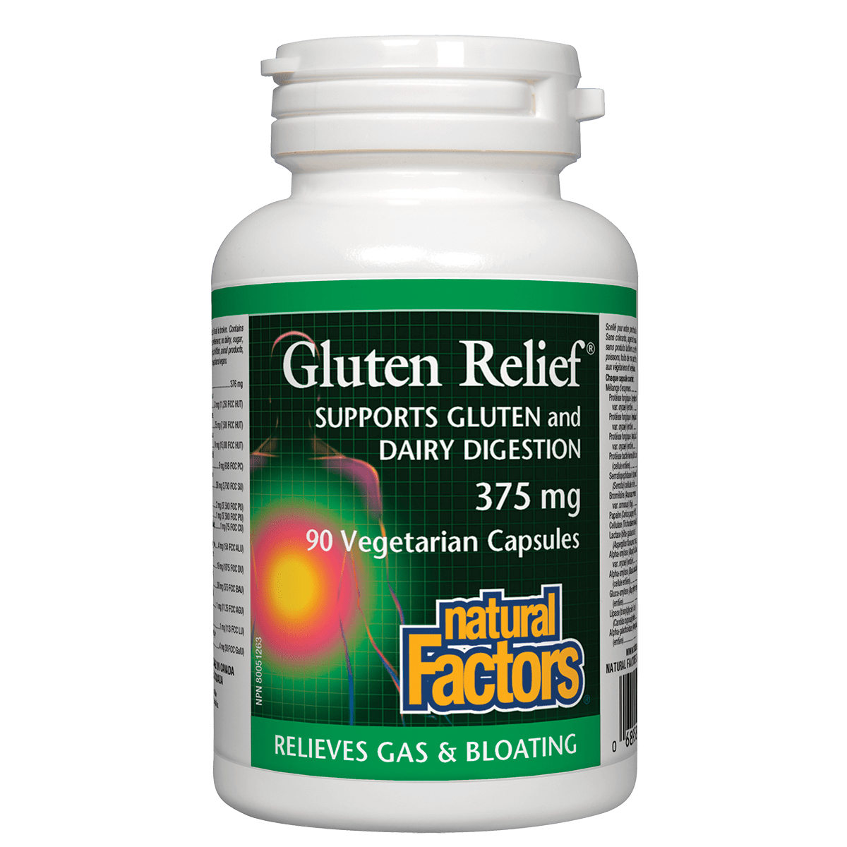 Bottle of Gluten Relief supplement by Natural Factors on a white background