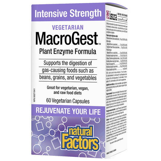 Box of MacroGest Vegetarian Plant Enzyme Formula by Natural Factors on a white background