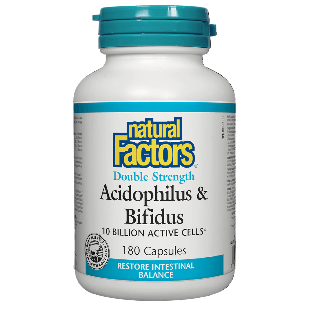 Bottle of Natural Factors Acidophilus & Bifidus supplement on a white background