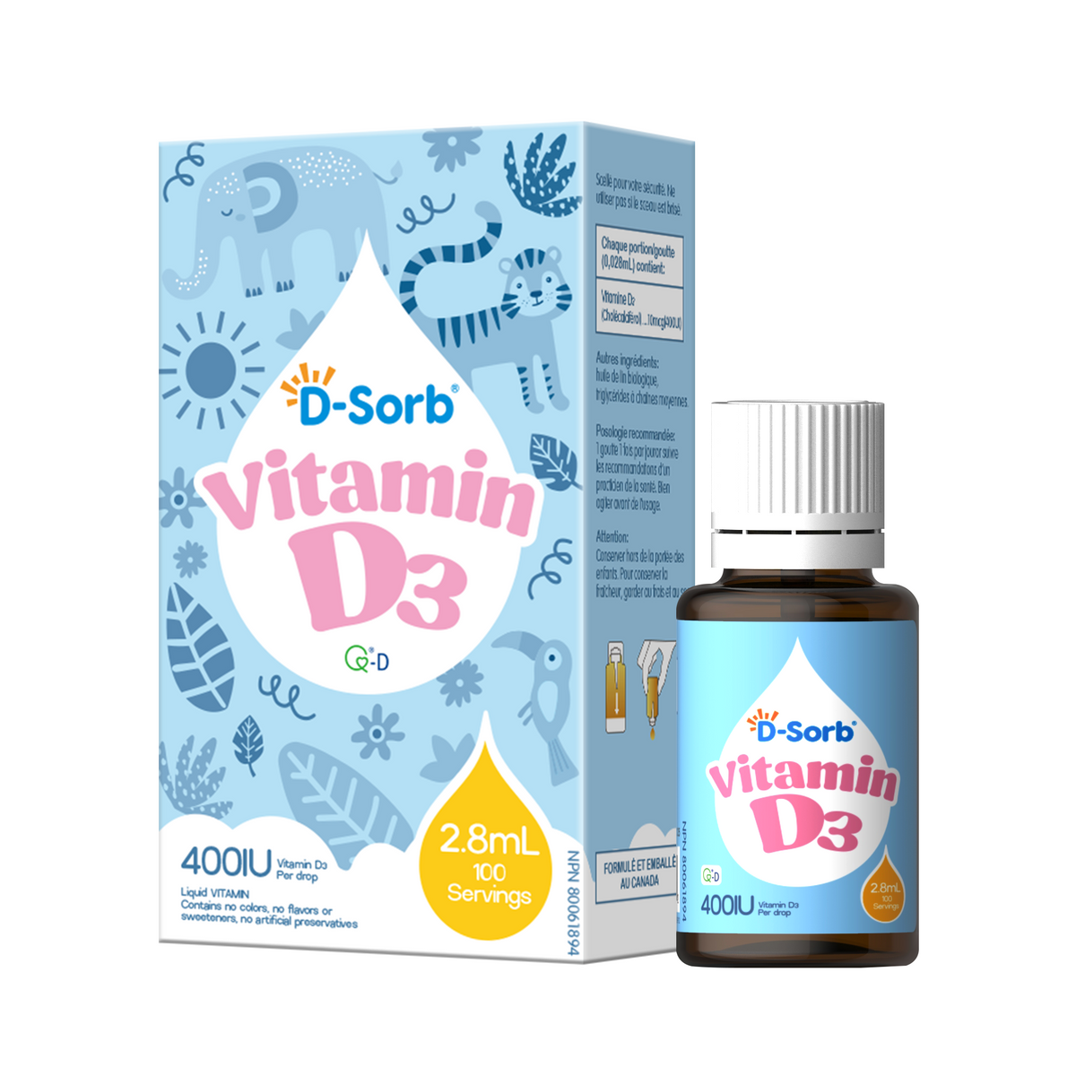 D-Sorb Vitamin D3 liquid supplement packaging, showing a light blue illustrated box alongside a small amber bottle with a white cap and matching blue label on a white background.