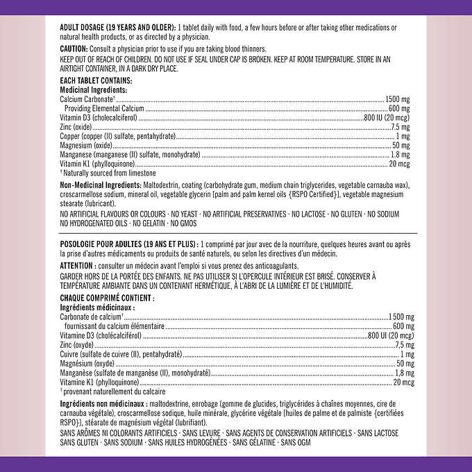 Kirkland Signature Calcium Plus With Vitamin D3 & Minerals 600 mg | 800 IU Canadian label information ingredients directions