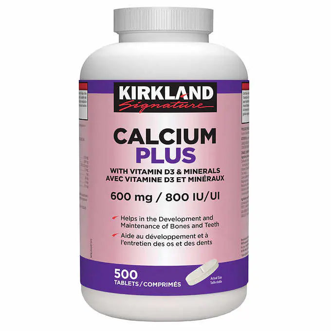 Kirkland Signature Calcium Plus With Vitamin D3 & Minerals 600 mg | 800 IU - 500 Tablets Canadian label version