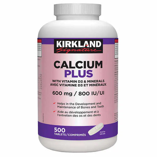 Kirkland Signature Calcium Plus With Vitamin D3 & Minerals 600 mg | 800 IU - 500 Tablets Canadian label version