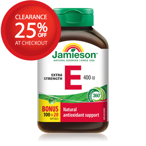 Jamieson Extra Strength Vitamin E supplement bottle with clearance offer on a white background