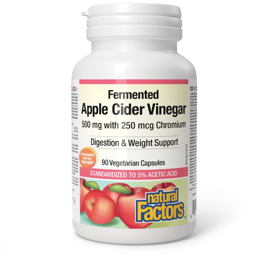 Bottle of Natural Factors Fermented Apple Cider Vinegar capsules on a white background
