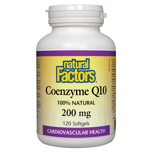 Bottle of Natural Factors Coenzyme Q10 supplement on a white background