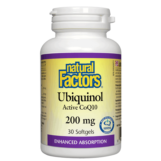 Natural Factors Ubiquinol Active CoQ10 supplement bottle on a white background Natural Vitamin Direct sale natvd.com