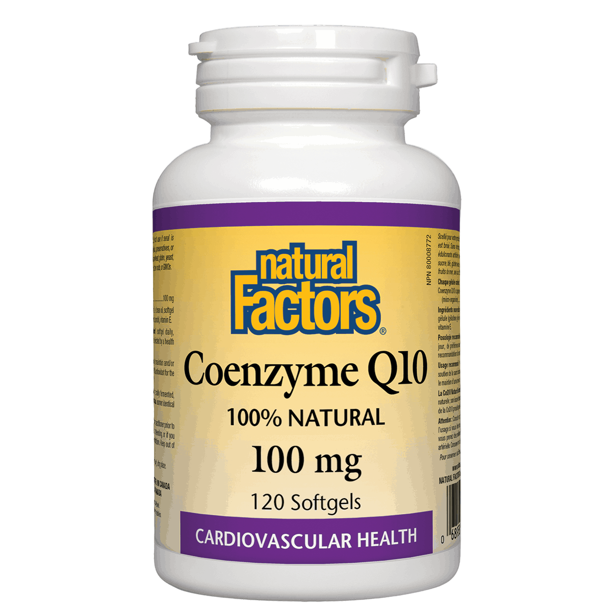 Bottle of Natural Factors Coenzyme Q10 supplement on a white background natvd Natural Vitamin Direct Inc