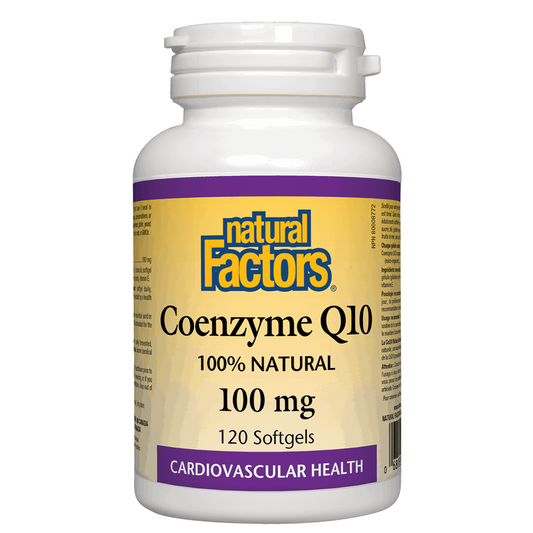 Bottle of Natural Factors Coenzyme Q10 supplement on a white background natvd Natural Vitamin Direct Inc