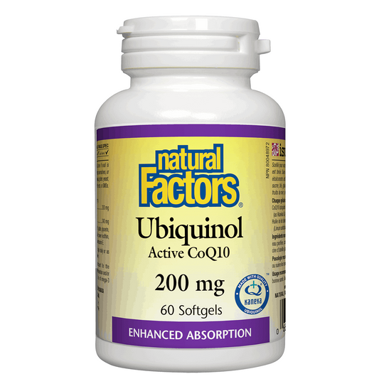 Natural Factors Ubiquinol Active CoQ10 supplement bottle on a white background