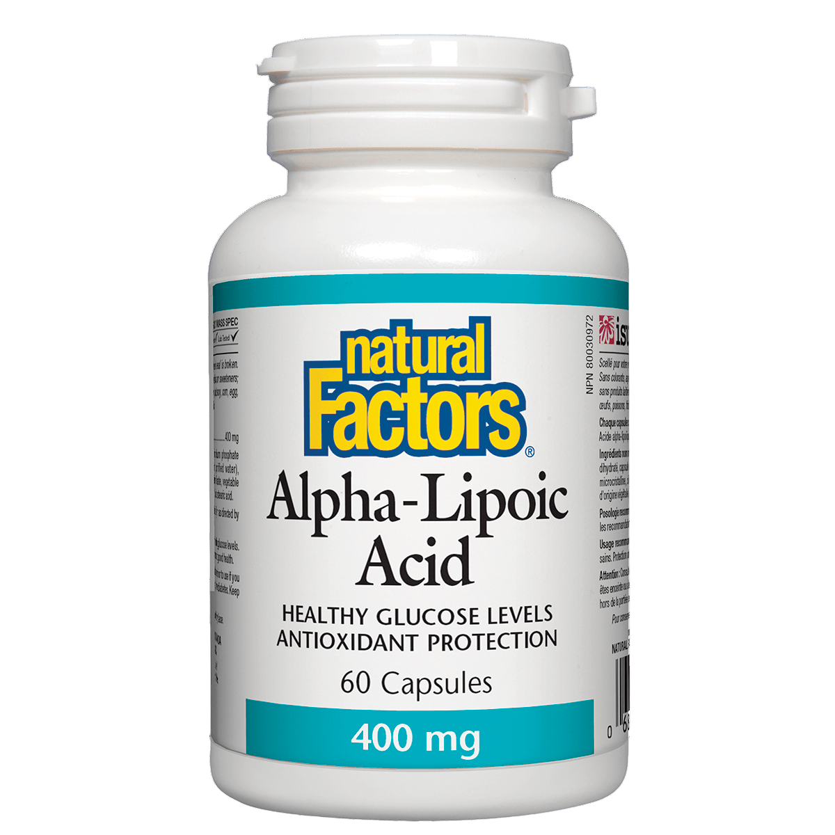 Natural Factors Alpha-Lipoic Acid supplement bottle on a white background